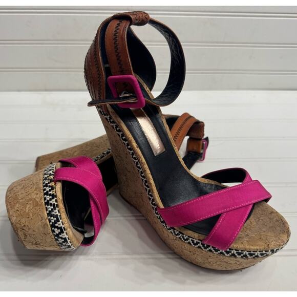 Rupert Sanderson Brown Pink Strappy Cork Wedges Size 38.5 8 - Picture 1 of 7
